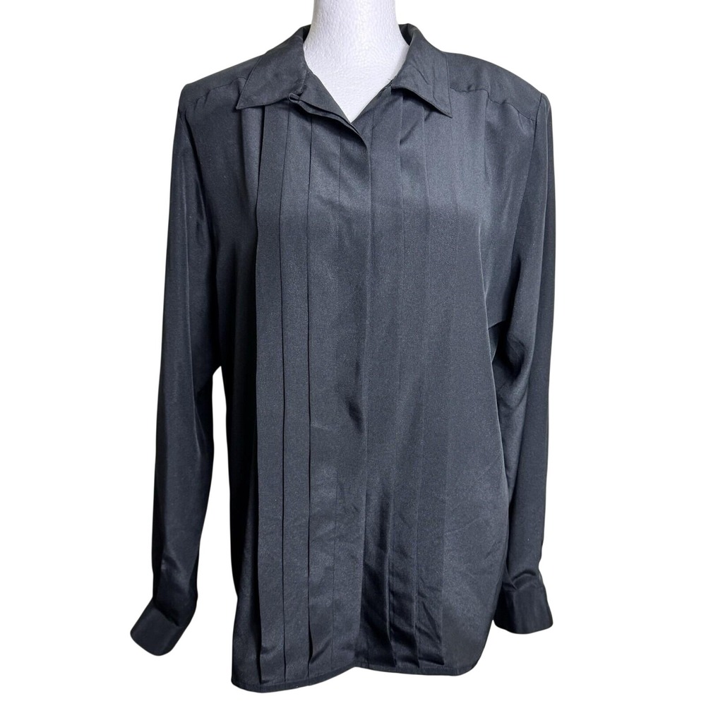 Vtg Dana Alexander Black Pleated Blouse‎ 6 Hidden Button Asymmetric Tuxedo 90s